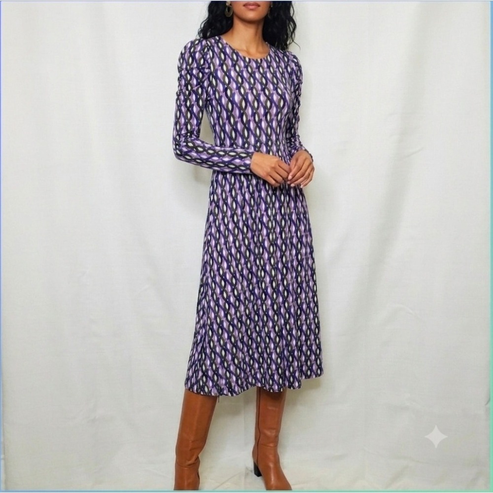 Boden Puff Sleeve Blouson Midi Dress Size 4 Purple Green Geometric Wave Trellis